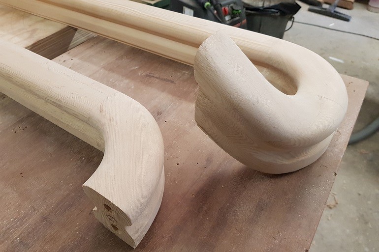 Wrongstuk, kromstuk, bocht en rechte leuning van Oregonpine